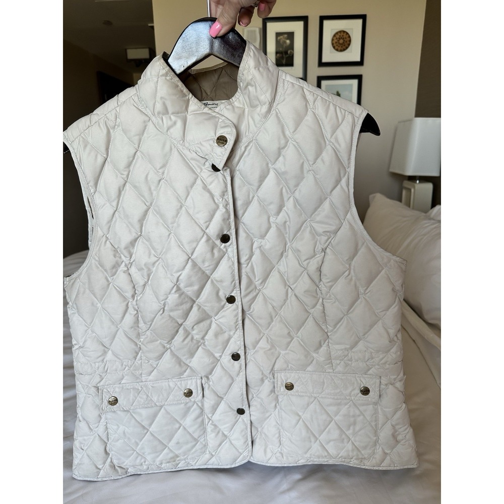 Eddie Bauer Women Goose Puffer Vest sz XXL Snaps Cream High Neck Snap Pockets